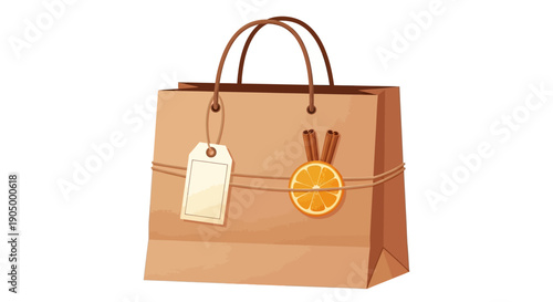 A brown shopping bag with a label, dried flowers, and an orange slice attached to it