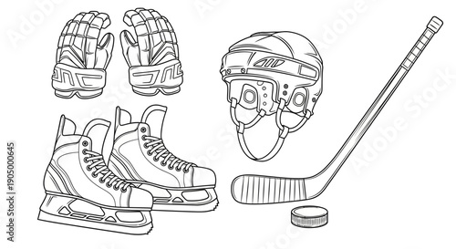Ice Hockey Equipment Set Including Skates, Gloves, Helmet, and Hockey Stick with Puck