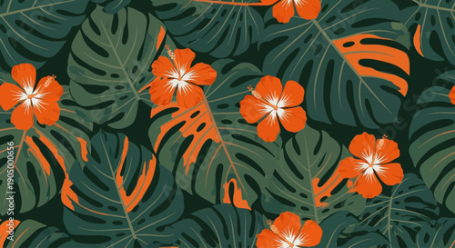 Tropical leaves and flowers pattern viewed from above in a lush green environment