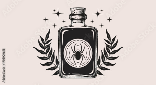 A black and white illustration of a poison bottle with a spider surrounded by leaves and stars from a front viewpoint.