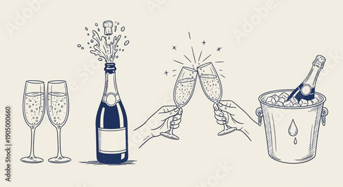 A celebratory scene featuring champagne bottle and glasses being toasted with ice bucket nearby in a festive illustration