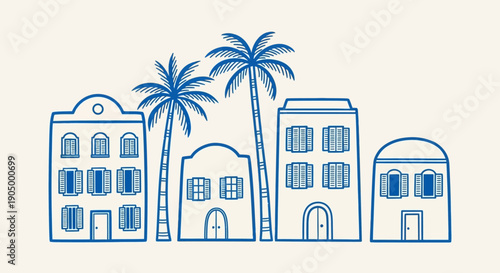 Tropical buildings with palm trees in a Mediterranean style architecture scene viewed from the front