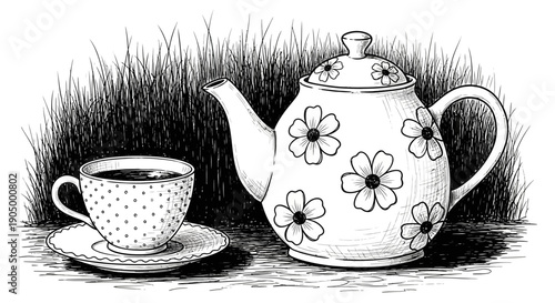 A delicate teacup and floral teapot on a saucer amidst lush grass, viewed from a serene perspective.