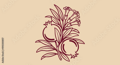 A stylized floral illustration showcasing leaves and flowers from a close-up viewpoint