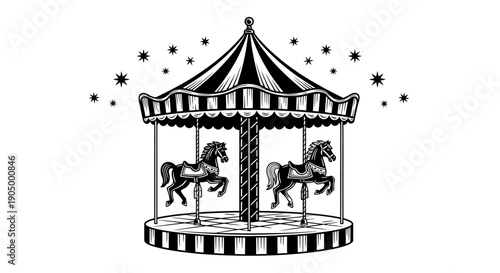 A black and white illustration of a classic merry-go-round with horses in motion, surrounded by stars and a striped roof.