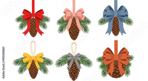 Pinecones adorned with colorful bows and leaves hanging from strings in a festive arrangement