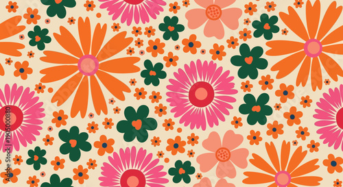 Vibrant floral pattern with flowers and leaves in various colors and sizes, creating a lively and playful illustration from a top-down viewpoint