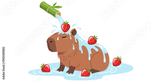 A capybara indulges in a refreshing strawberry treat, surrounded by splashing water and ripe strawberries.