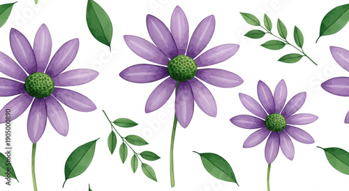 Beautiful purple flowers and green leaves arranged in a decorative pattern on a clean background viewed from directly above