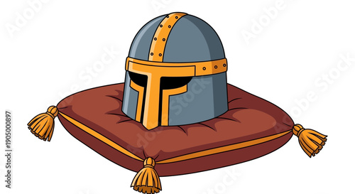 A medieval knight's helmet rests on a decorative cushion, showcasing historical armor and elegance in a still life illustration.