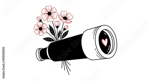 Camera Lens with Heart-Shaped Focus and Flowers Illustration