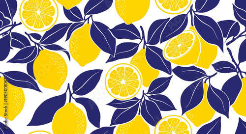 A vibrant pattern of lemons and leaves viewed from directly above in a decorative illustration