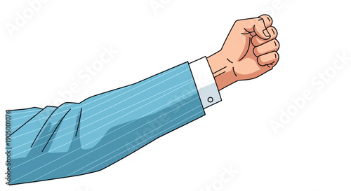 A clenched fist in a blue sleeve, symbolizing determination and strength from a side viewpoint