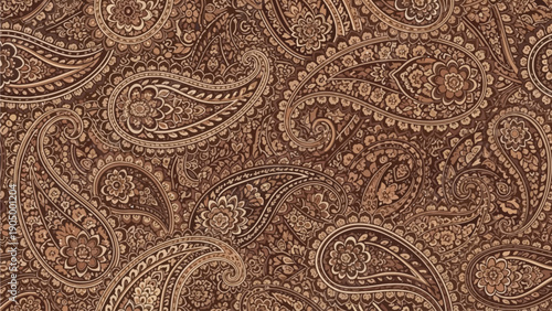 Intricate paisley pattern on brown fabric texture viewed from directly above with detailed design elements