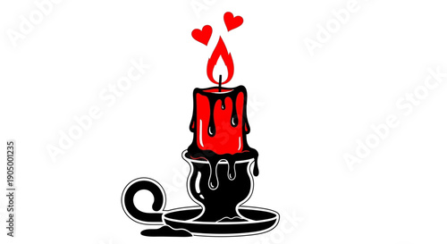A black candle holder with a red candle and melting wax surrounded by two hearts, viewed from the front.
