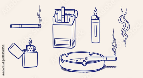 Illustration of smoking-related items including cigarettes, lighter, and ashtray on a neutral background from a straightforward viewpoint
