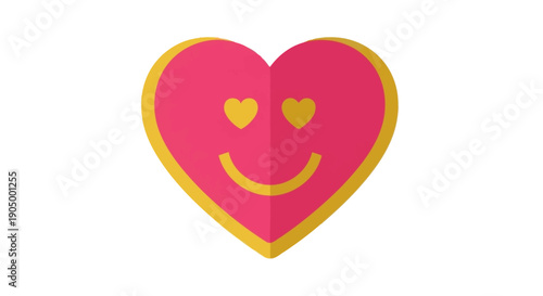 A pink heart shaped smiley face with yellow eyes and mouth on a plain background