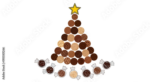 Assorted chocolate desserts arranged in a Christmas tree shape with a star on top and decorative cookies at the base