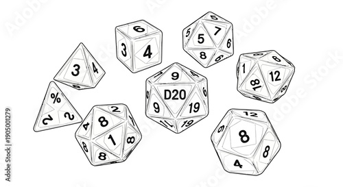 Collection of polyhedral dice arranged in a circular pattern on a plain background from a top-down viewpoint