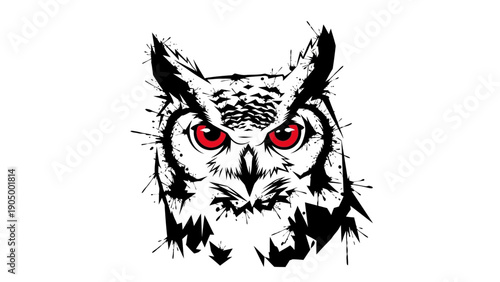 stylized owl head illustration with vibrant red eyes and black ink splatter effects on white ideal for modern logos apparel and design.