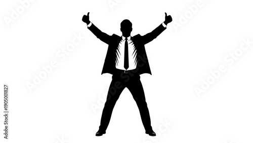 successful businessman silhouette raising arms giving two thumbs up symbolizing triumph achievement and positive corporate approval.