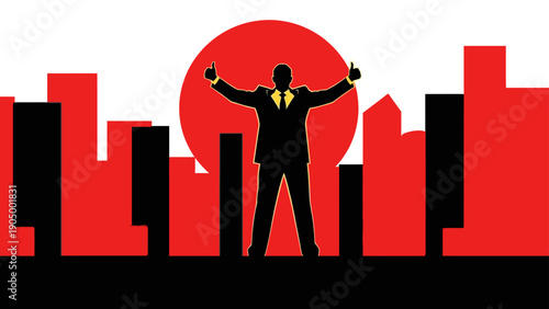 successful businessman giving thumbs up celebrating triumph against red sun and cityscape symbolizing leadership achievement and corporate optimism.