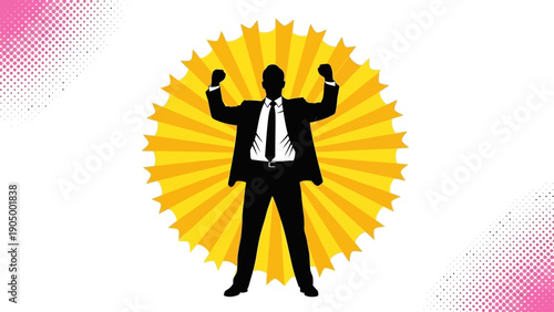 successful businessman silhouette raising fists in triumph against a vibrant yellow sunburst celebrating business achievement and power.