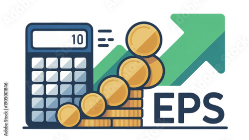Calculator with coins and EPS growth isolated on transparent background.