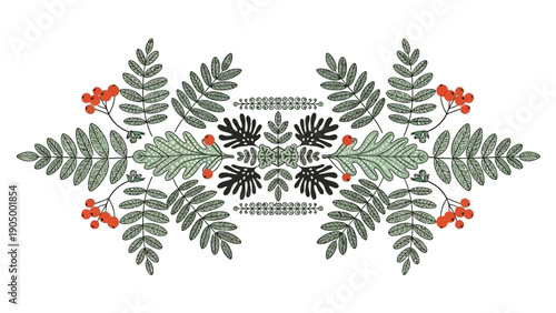 symmetrical folk art botanical border pattern with green leaves and red rowan berries on white perfect for natural winter holiday designs.