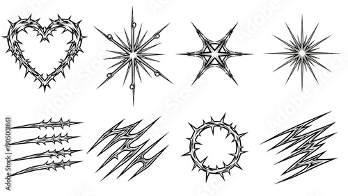 thorny vector graphics spiked heart stars scratch marks crown of thorns for tattoo punk gothic designs.