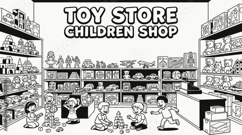 toy store children shop retail interior business commercial market display products customer service shopping merchandise storefront design sales urban local with shelves games dolls counter