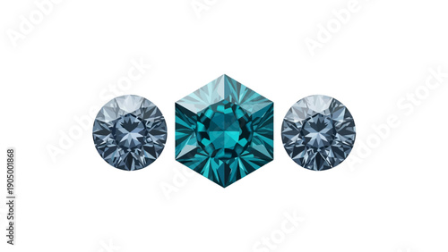 three brilliant faceted gems one hexagonal teal two round blue-gray sparkling on white for luxury jewelry branding.