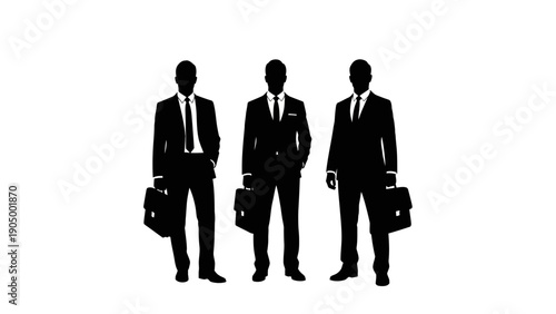 three businessmen silhouettes with briefcases symbolizing professionalism teamwork and career development for corporate success on white.