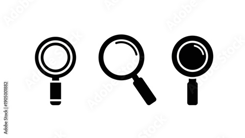 three distinct black and white magnifying glass icons illustrating search discovery and analysis ideal for web and app ui ux design elements.