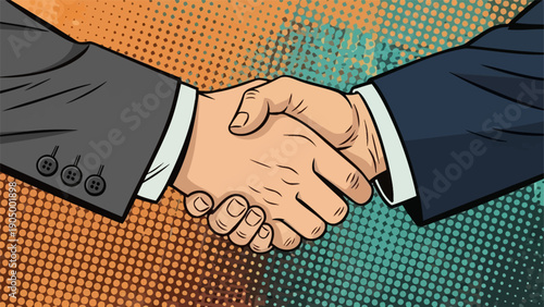 two businessmen shaking hands in a vibrant pop art style symbolizing successful agreement partnership and deal for corporate collaboration.