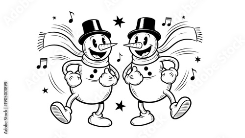 two dancing snowmen in retro black and white style surrounded by musical notes and stars spreading festive holiday cheer.