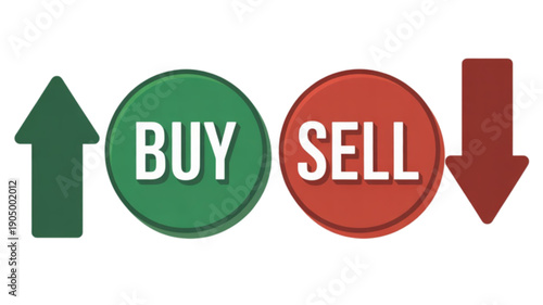 Green and red buy sell buttons isolated on transparent background.