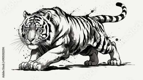 watercolor tiger illustration artfully rendered in black and white with dynamic ink splashes captured in a powerful stealthy stalking pose.