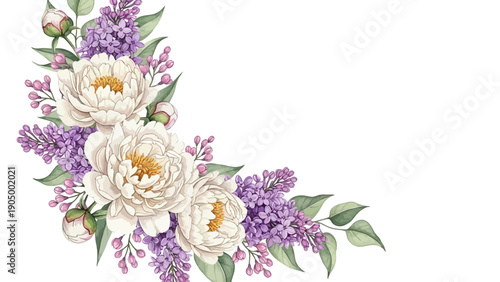 watercolor white peonies and purple lilacs floral corner border on white background an elegant spring design for wedding invitations and greeting cards.