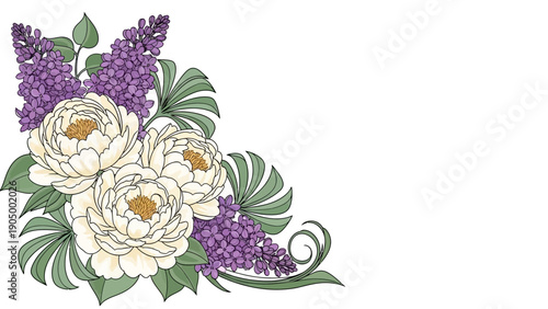 white peonies and purple lilacs floral corner illustration perfect for spring wedding invites cards and decor.