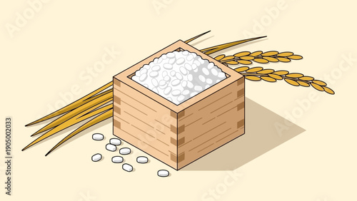 wooden masu box with white rice and golden rice stalks isometric illustration for agriculture harvest and asian food.