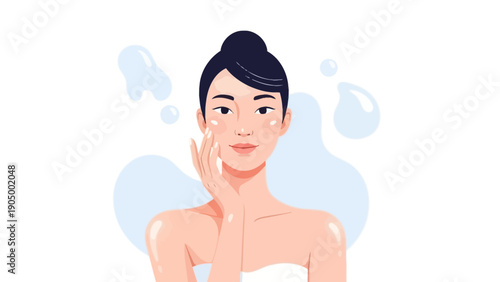 young asian woman applying face cream for healthy glowing skin depicting a daily beauty and hydration skincare routine.
