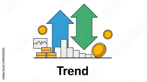 Trend graph with arrows and coins isolated on transparent background.