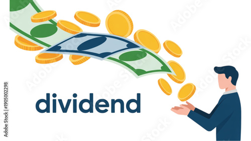 Man receiving dividend money coins isolated on transparent background.
