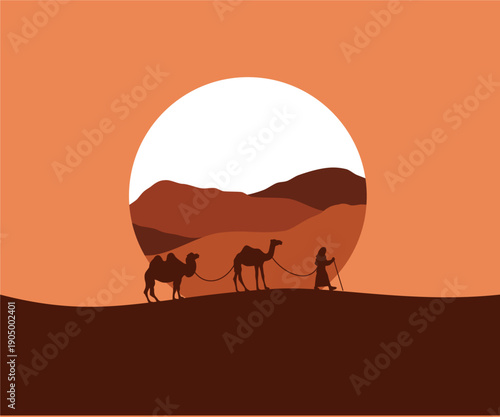Camel Caravan Crossing Desert at Sunset – Minimalist Warm Landscape Vector