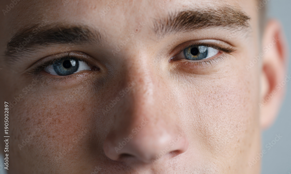 Obraz premium Blue Eyed Man Close Up Portrait Looking At Camera Confident Facial Features