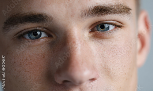 Blue Eyed Man Close Up Portrait Looking At Camera Confident Facial Features