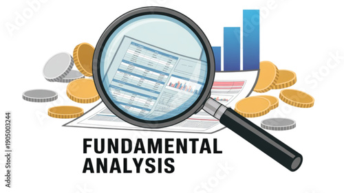 Magnifying glass over financial documents isolated on transparent background.