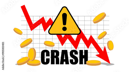 Stock market crash warning sign graph isolated on transparent background.