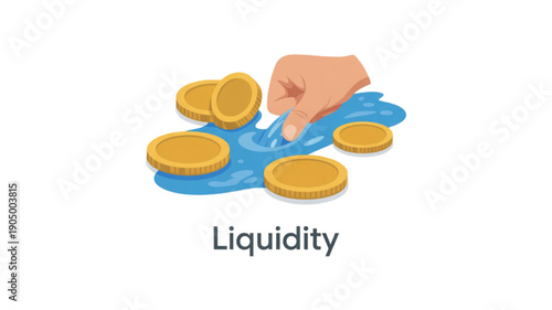 Hand holding coins in liquid money isolated on transparent background.